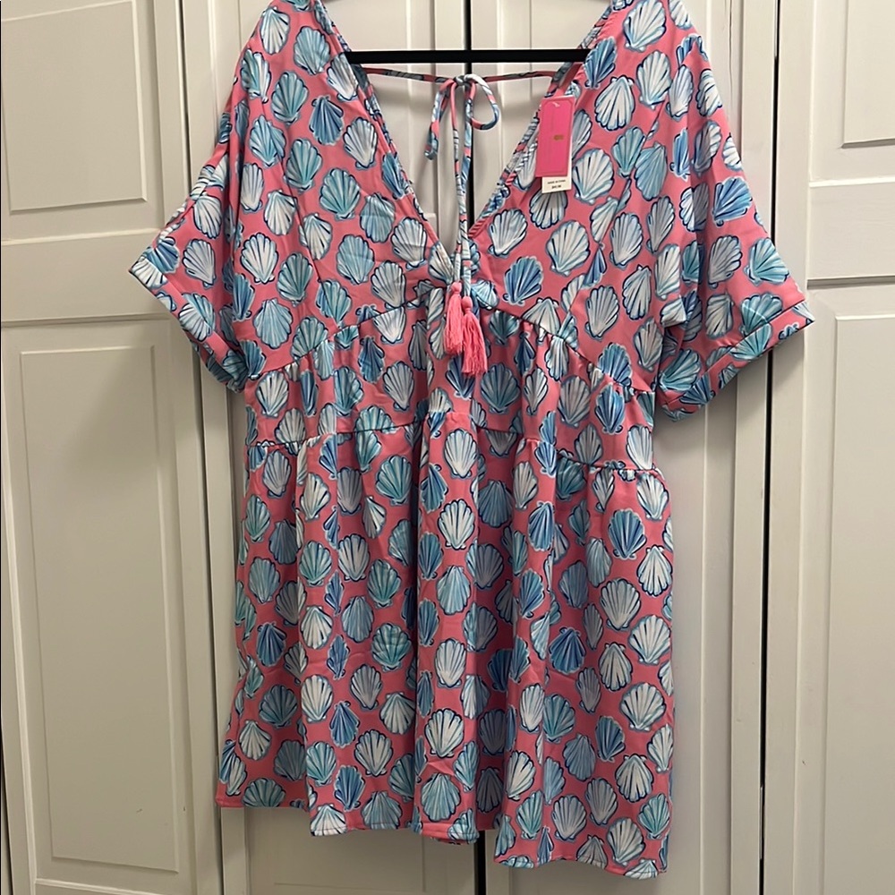 Pink and Blue Shell Print Dress